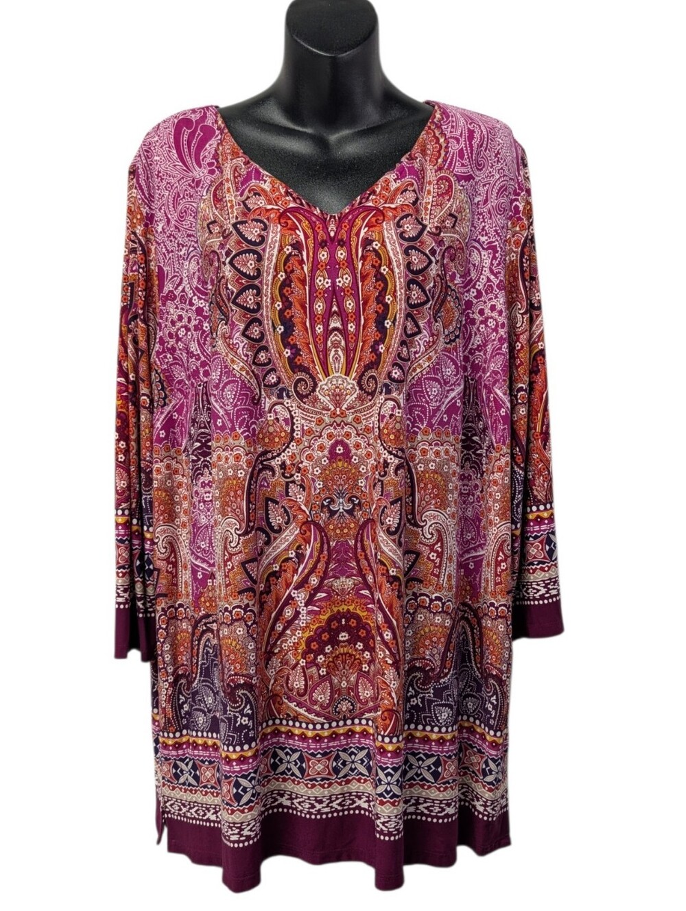 cb established 1962 Womens Plus 2X Purple Orange Paisley V-Neck 3/4 Sleeve Tunic